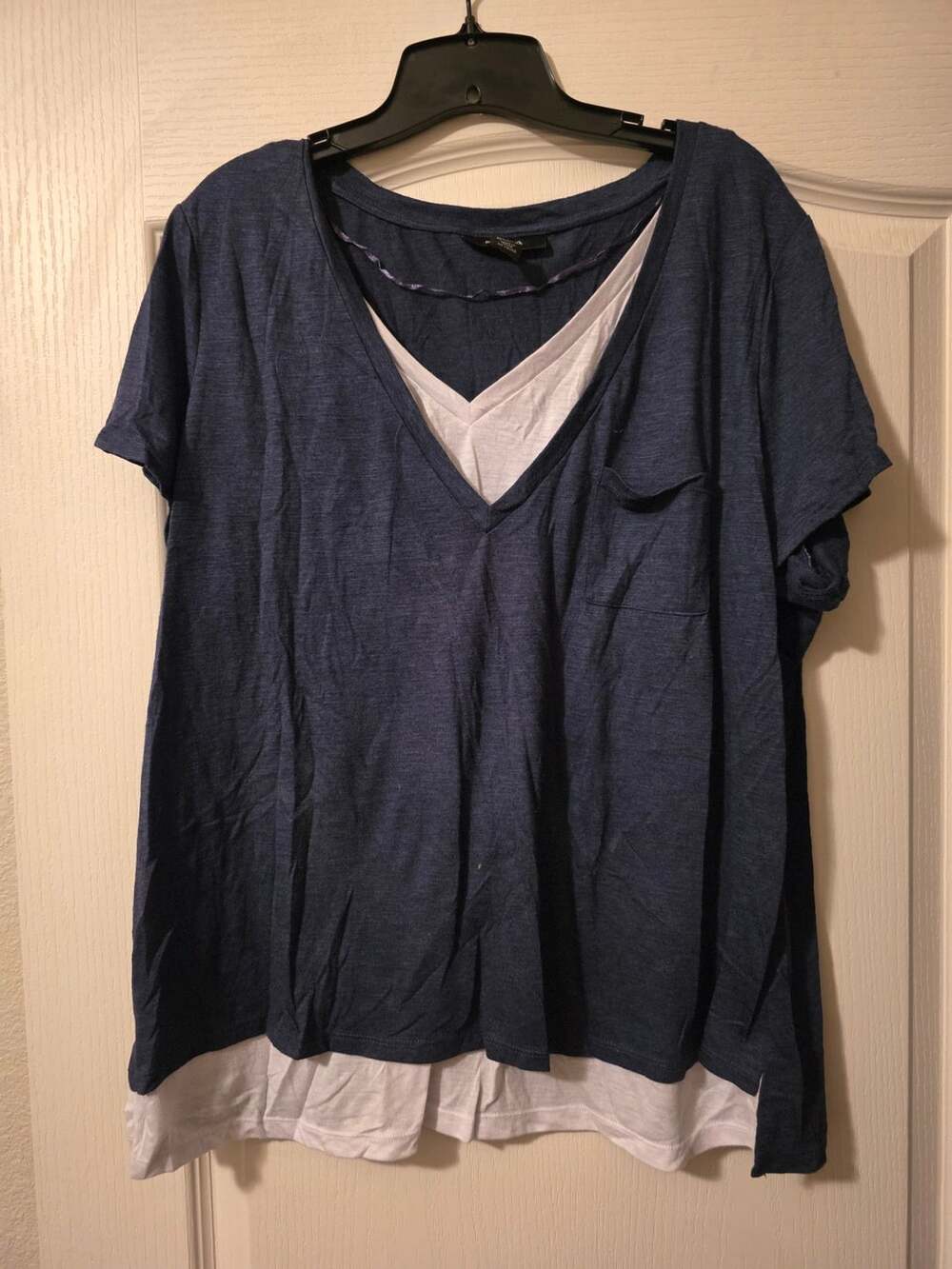 Style & Co. Woman T-Shirt Size 3X Blue White Layered V-Neck Pocket 2fer Look